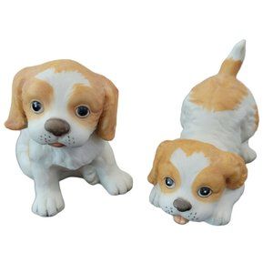 Vintage Homco Puppies Springer Spaniel Dog Pair Bisque Porcelain #1407 2 Pc EUC